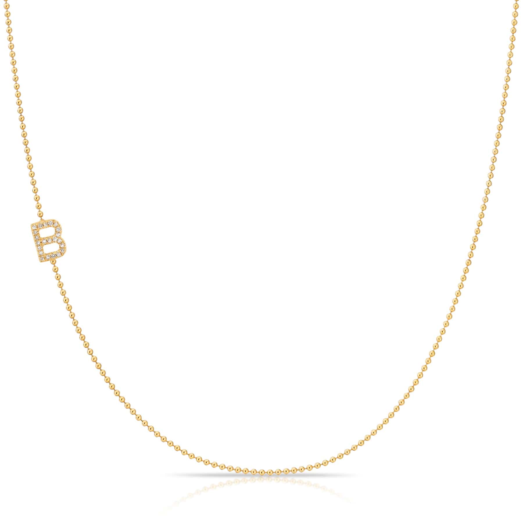 B Pavé Diamond Initial Necklace in 14K Yellow Gold on Bead Chain – Maya Brenner
