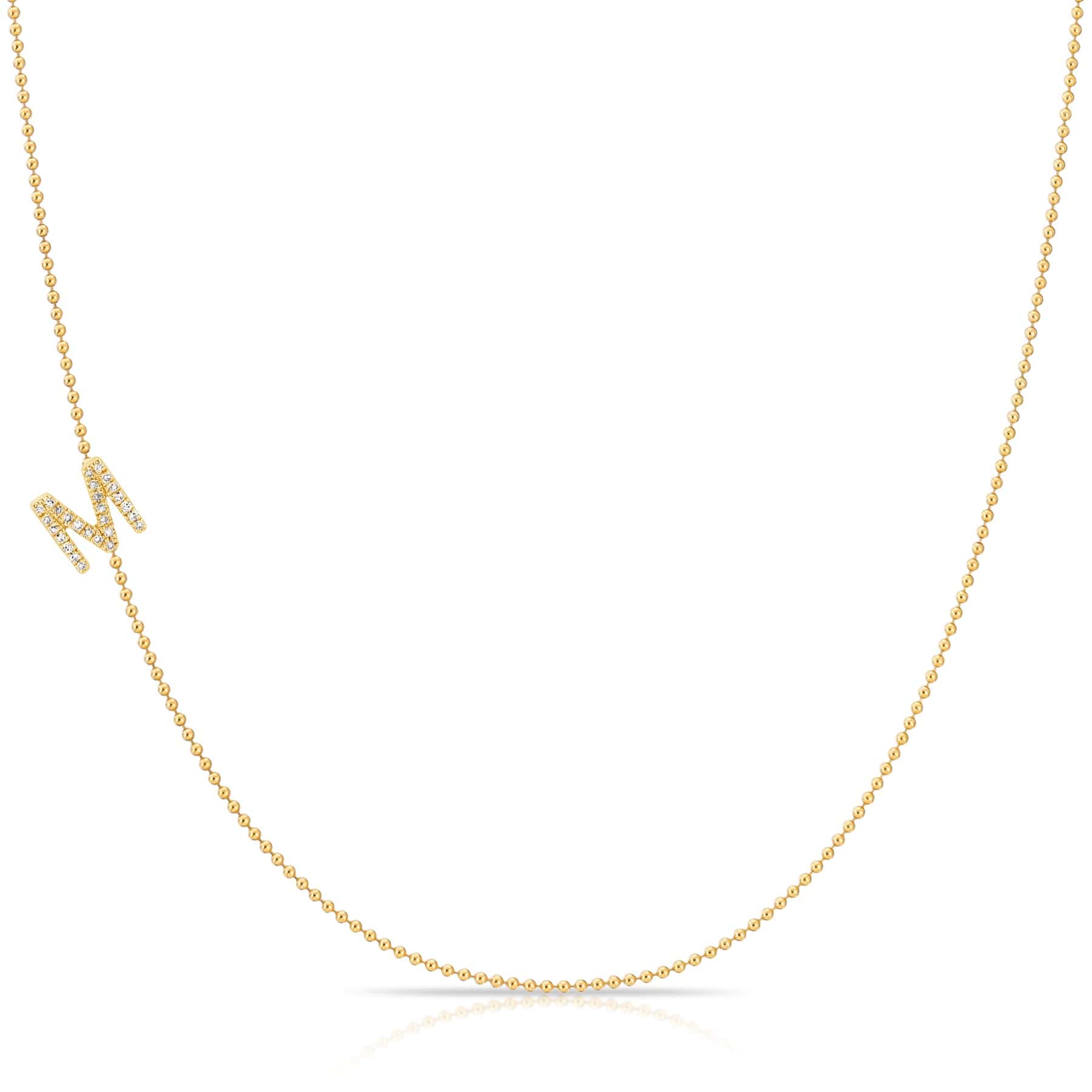Pavé Diamond Initial Necklace by Maya Brenner – M in 14K Yellow Gold on a Bead Chain