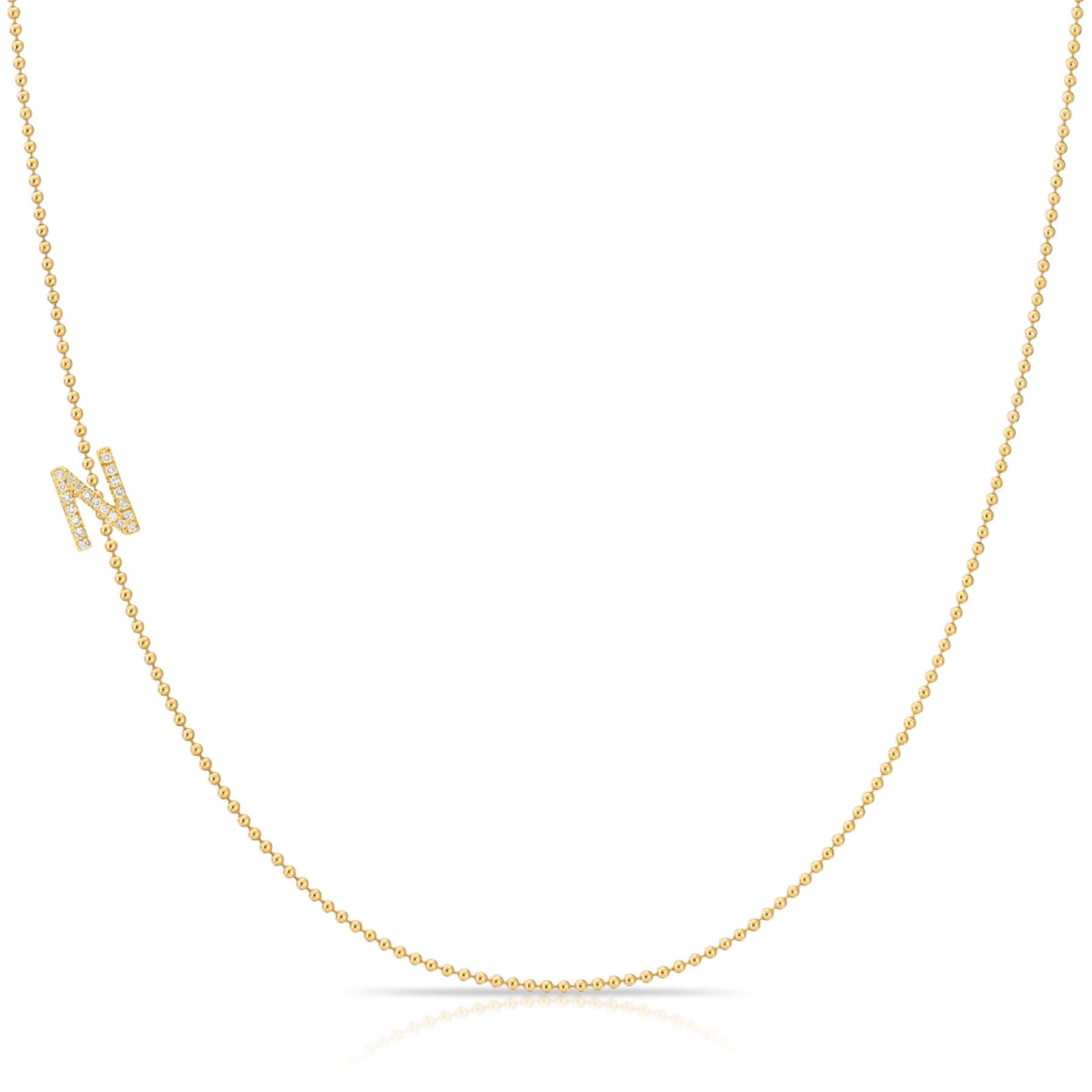 Pavé Diamond Initial Necklace by Maya Brenner – N in 14K Yellow Gold on a Bead Chain