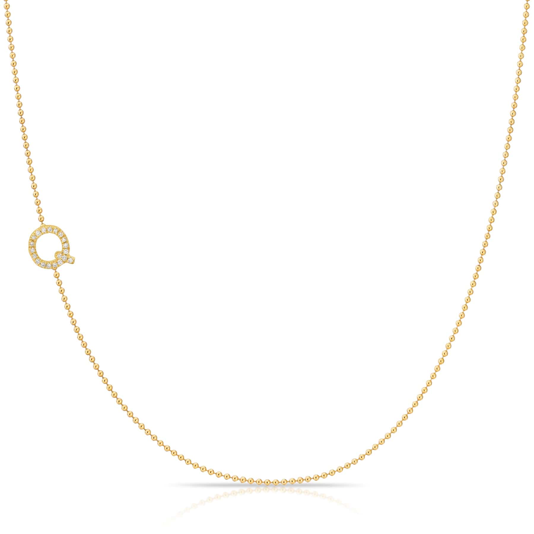 Q Pavé Diamond Initial Necklace in 14K Yellow Gold on Bead Chain – Maya Brenner
