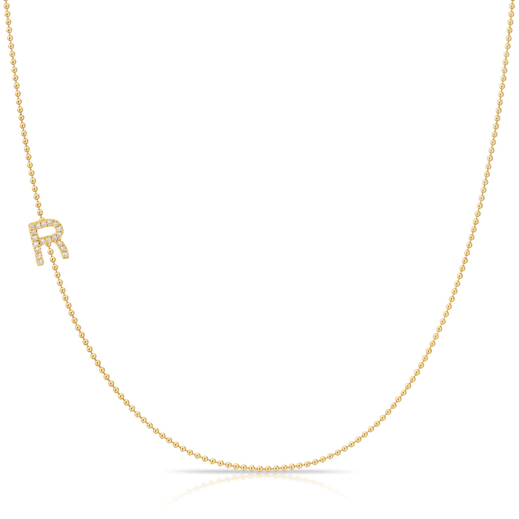 Maya Brenner Pavé Diamond Initial Necklace – R Charm in 14K Yellow Gold, Bead Chain