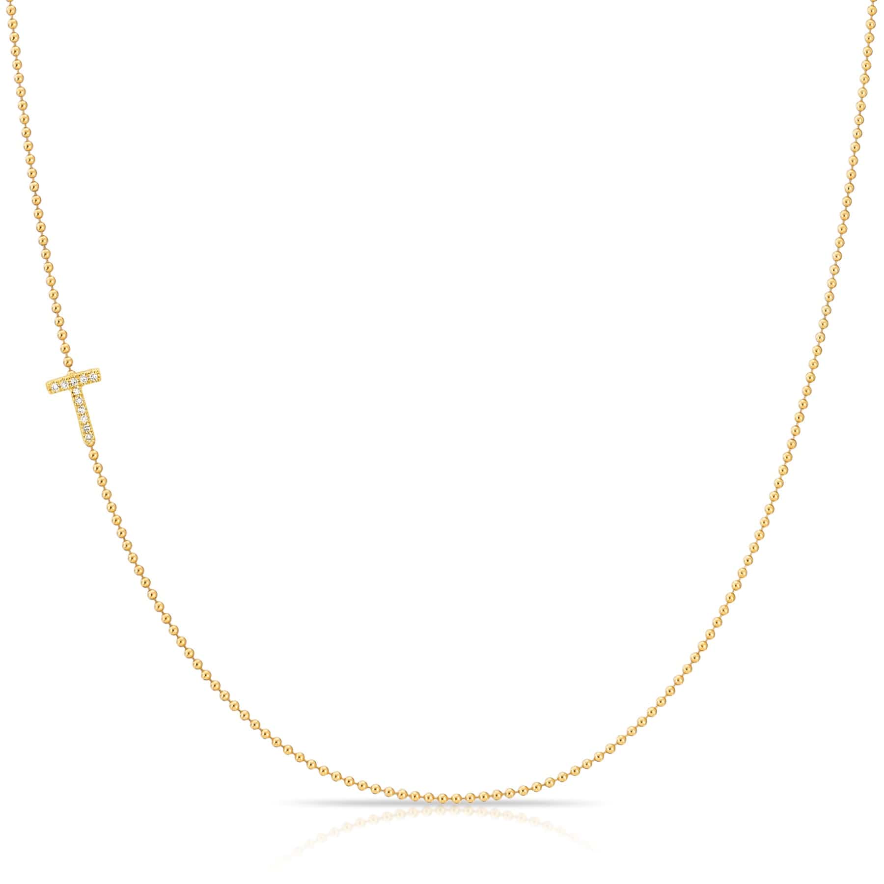 Maya Brenner Pavé Diamond Initial Necklace – T Charm in 14K Yellow Gold, Bead Chain