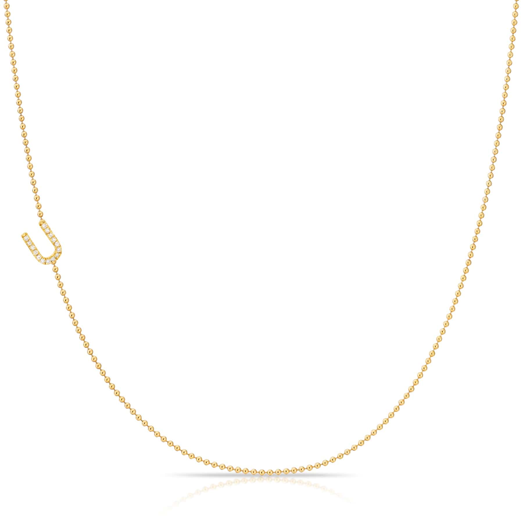 14K Yellow Gold Pavé Diamond Initial Necklace, Letter U – Bead Chain | Maya Brenner