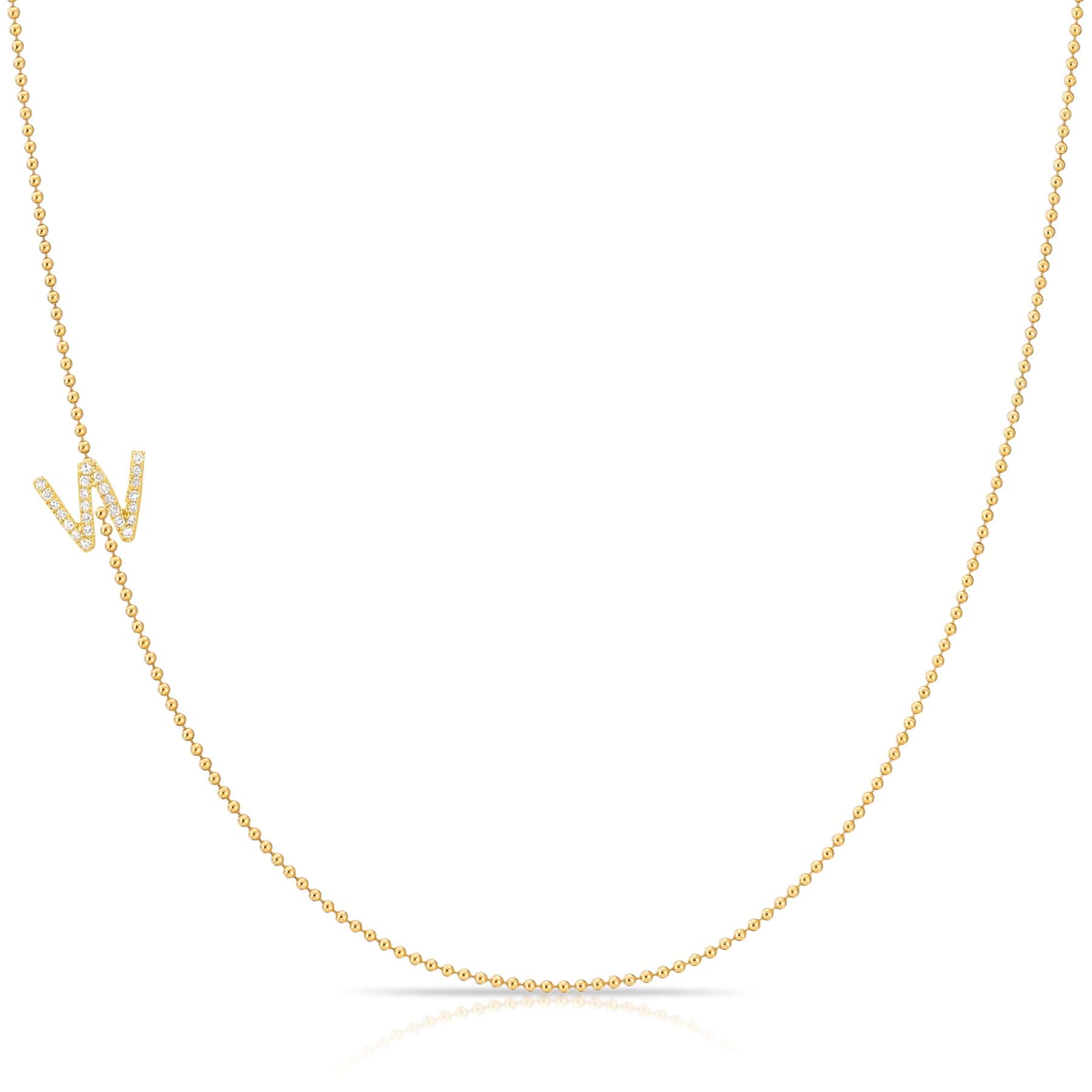Maya Brenner Pavé Diamond Initial Necklace – W Charm in 14K Yellow Gold, Bead Chain