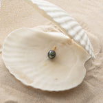 A Baroque Pearl Pendant in a shell against a sandy background. 
