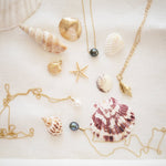 A Perla Necklace, Baroque Pearl Necklace, The Golden Venus Shell, Golden Coast Shell and a Golden Spiral Shell on an Element Short Link Chain laid with shells against a cream fabric background. 