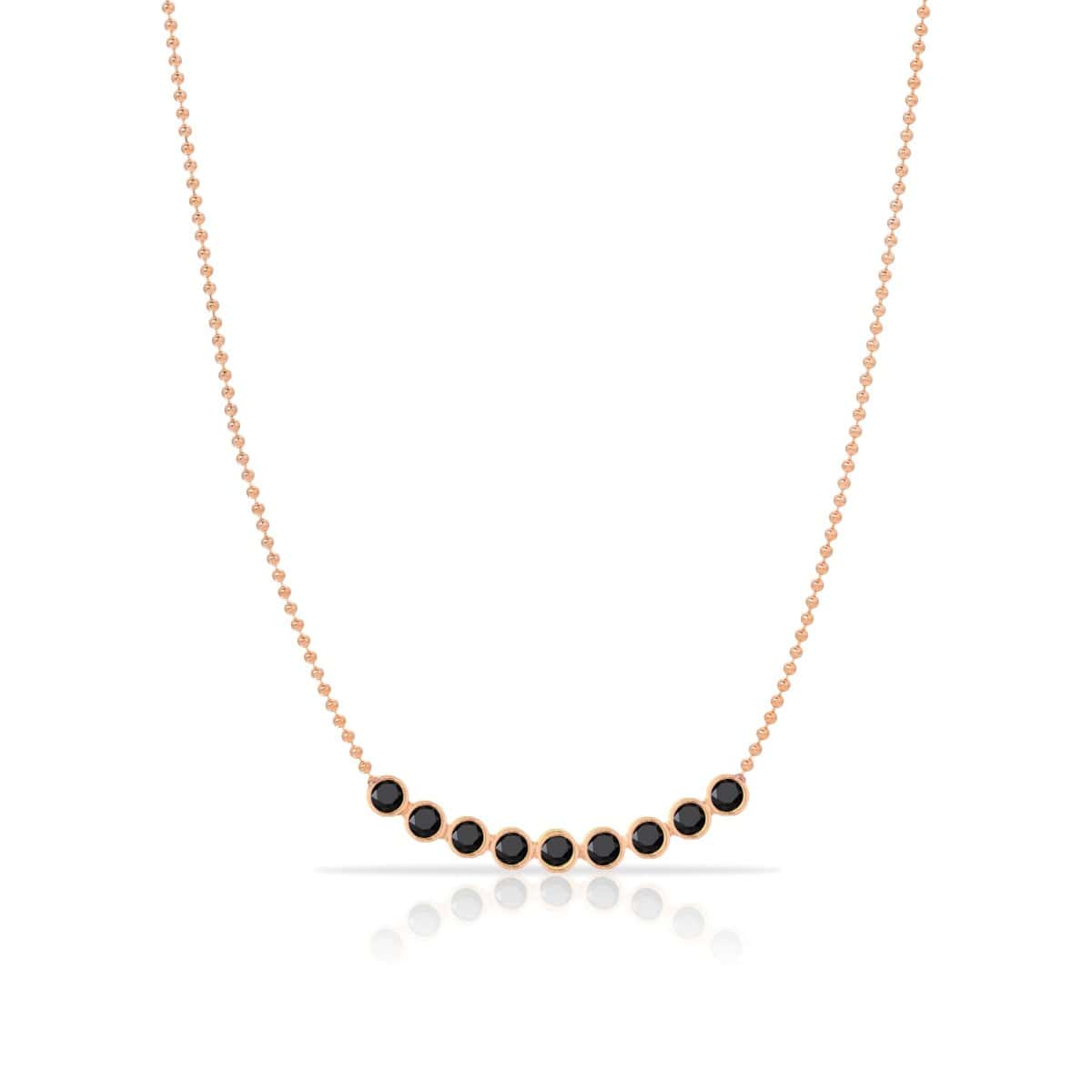 A Birthstone Arc Layering Necklace – Rose Gold in Onyx – August on a white background.