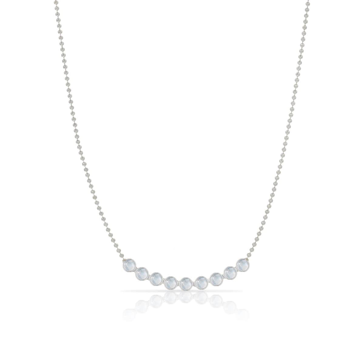 A Birthstone Arc Layering Necklace – White Gold in Moonstone – June on a white background.