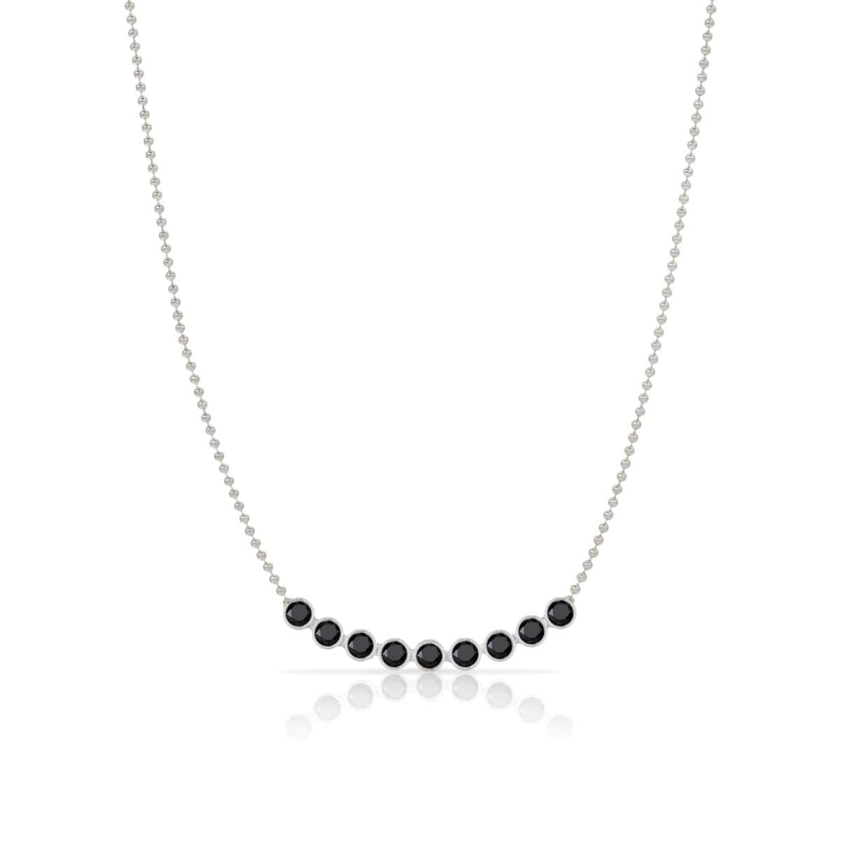 A Birthstone Arc Layering Necklace – White Gold in Onyx – August on a white background.
