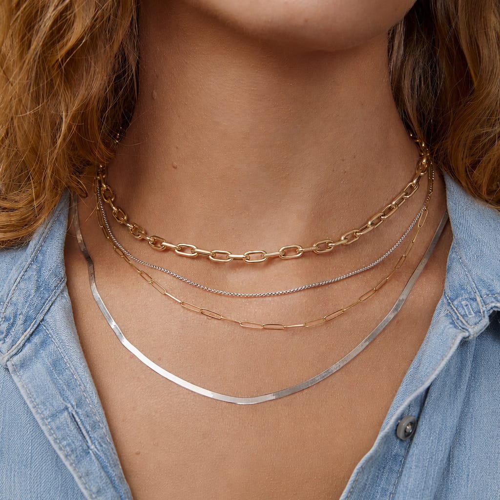 Close-up of a person wearing multiple gold and white gold necklaces with a denim shirt