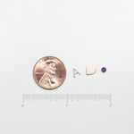 A coin next to an A, heart and birthstone charm with a ruler underneath showing the size of the charms.