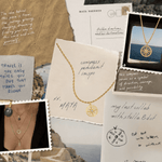 Collage of necklaces with compass designs, postcards, and scenic images.