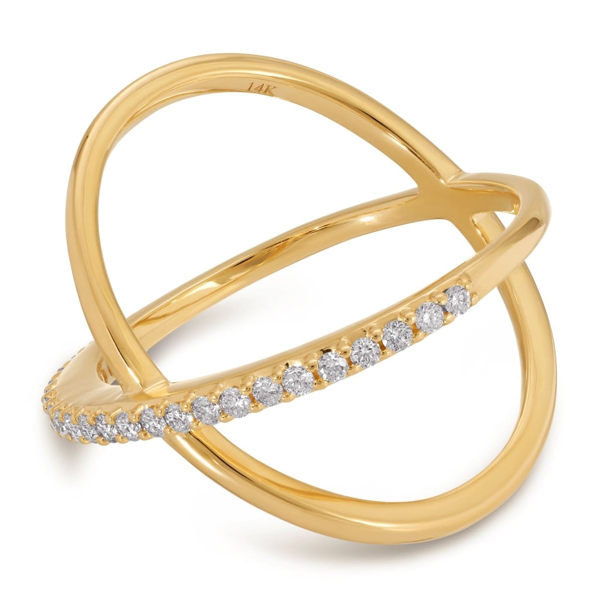 A Criss-Cross Diamond Daze Ring in yellow gold on a white background. 