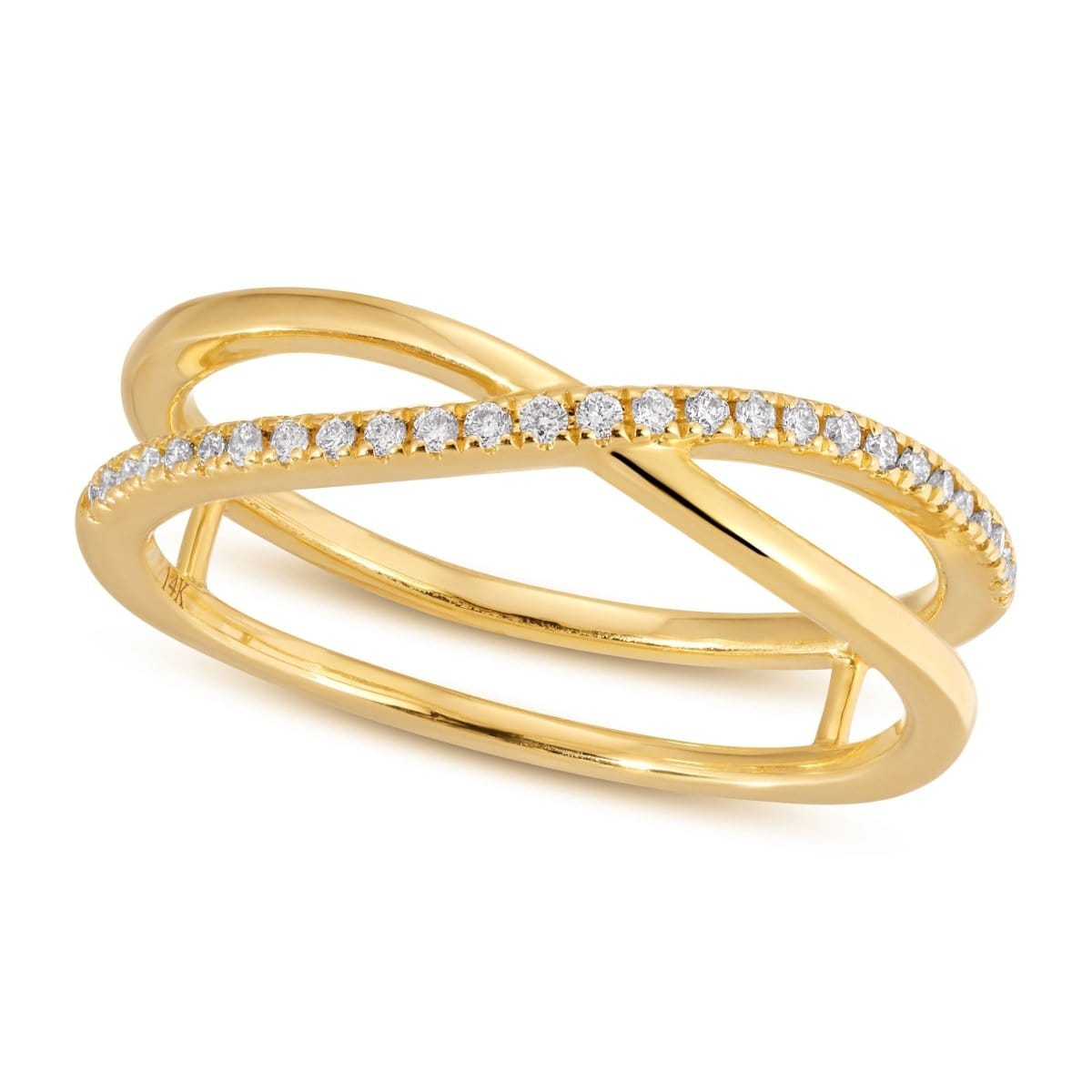 A Criss-Cross Diamond Duo Ring in yellow gold on a white background. 