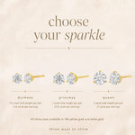 A jewelry size and style guide graphic titled 'choose your sparkle' on a warm beige background. It shows three diamond stud earring options labeled 'duchess', 'princess', and 'queen', with carat weight information and gold-tone metal options.