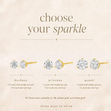 A jewelry size and style guide graphic titled 'choose your sparkle' on a warm beige background. It shows three diamond stud earring options labeled 'duchess', 'princess', and 'queen', with carat weight information and gold-tone metal options.