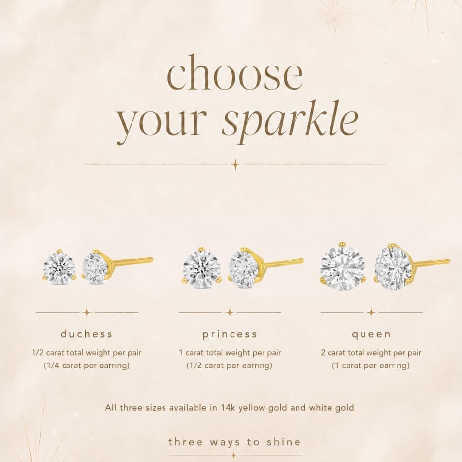 A jewelry size and style guide graphic titled 'choose your sparkle' on a warm beige background. It shows three diamond stud earring options labeled 'duchess', 'princess', and 'queen', with carat weight information and gold-tone metal options.