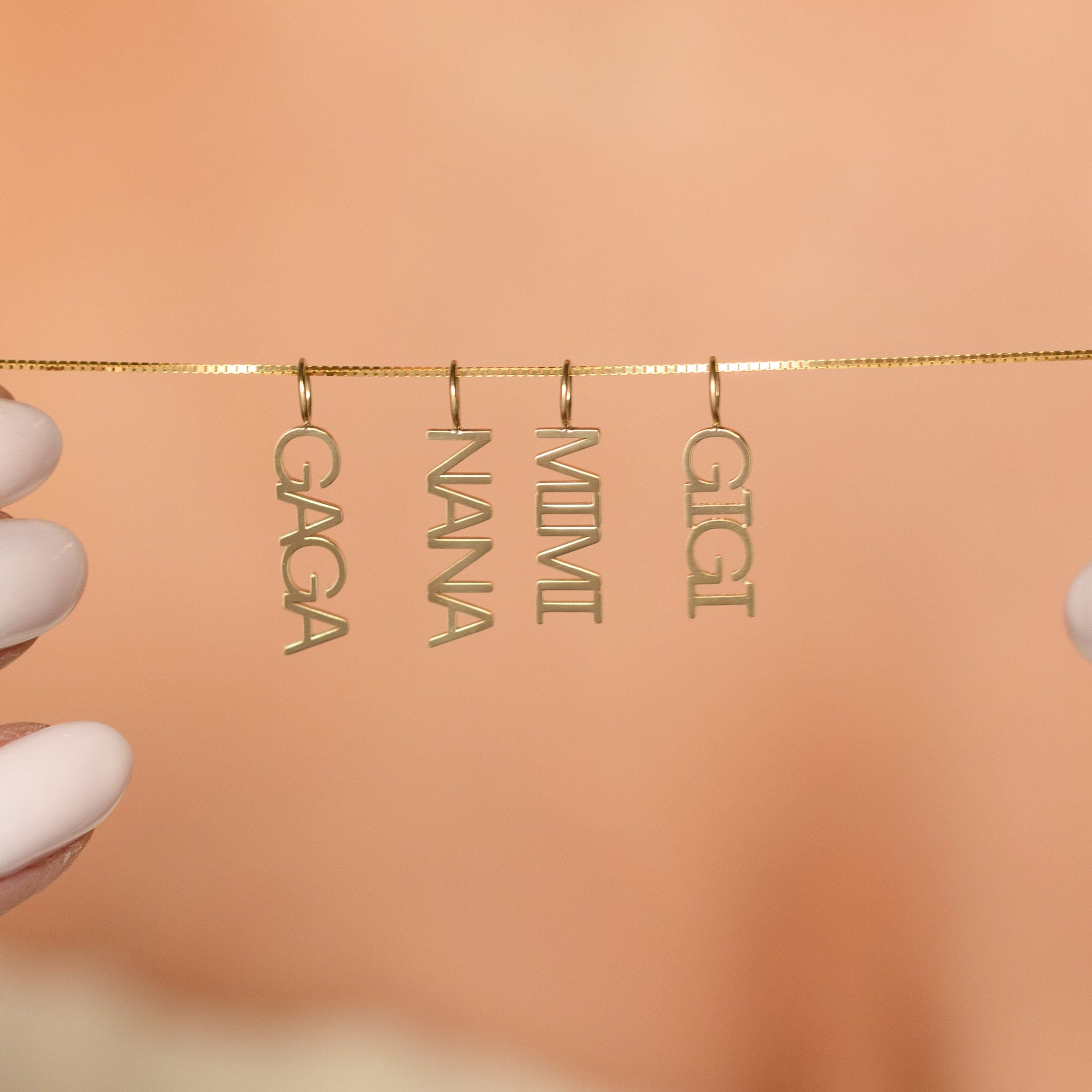 14k gold word plate charms GAGA, NANA, MIMI and GIGI on gold chain for grandma necklaces.