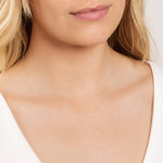 A close-up of a woman's neck wearing a rose gold necklace with a letter U charm.