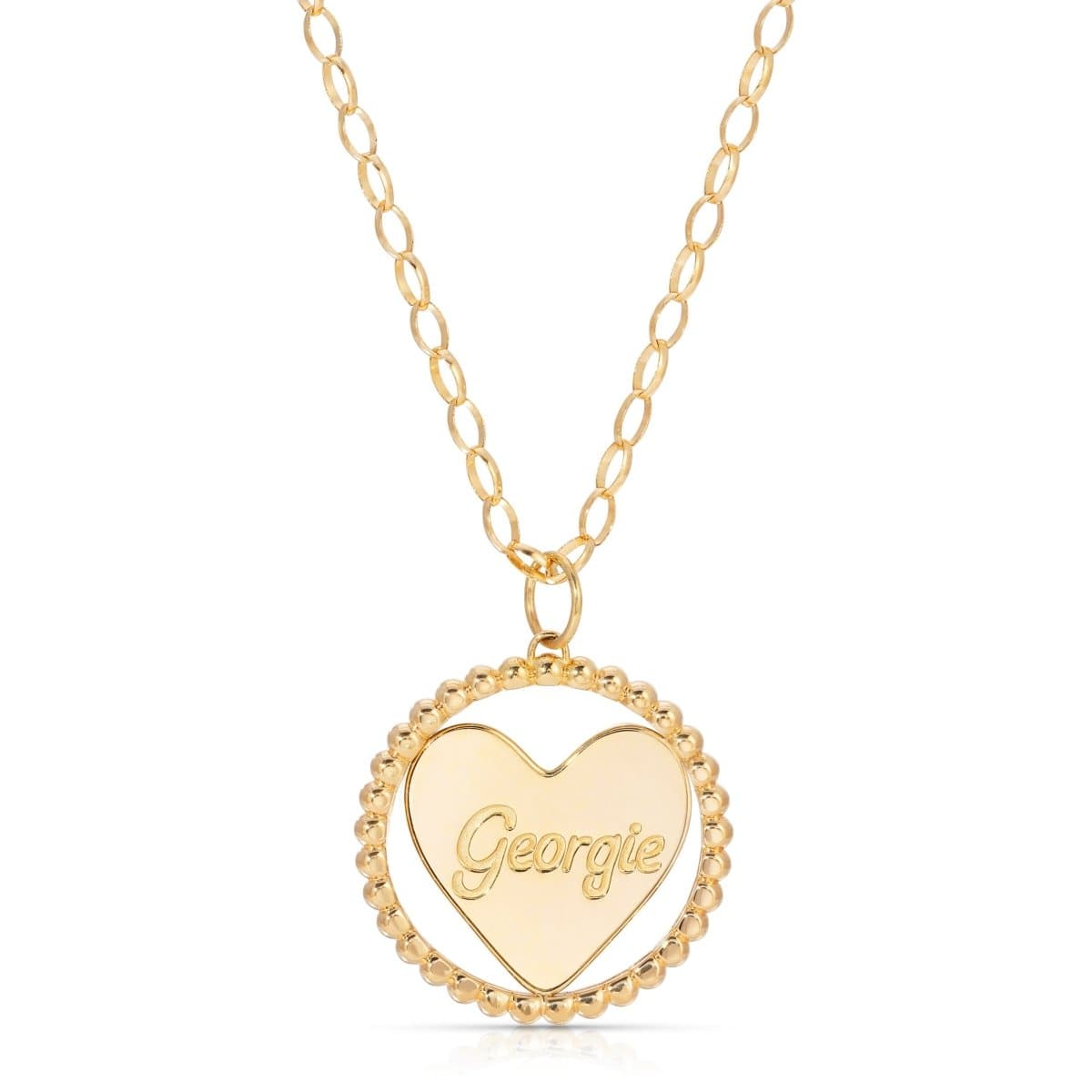 A yellow gold Be Gentle in Grief Necklace with the engraved name ‘Georgie' on a white background. 