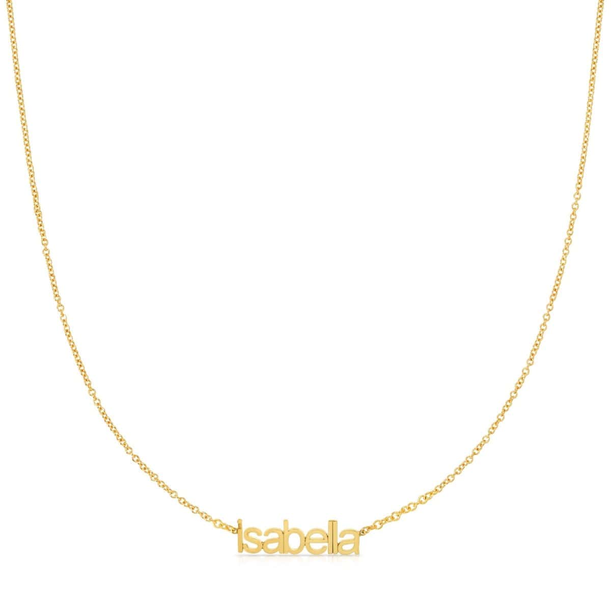small letter nameplate in lowercase letters 'isabella' in gold 