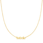 small letter nameplate in lowercase letters 'isabella' in gold 