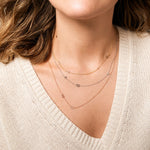 Close-up of a person wearing multiple gold necklaces on a neutral background
