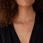A close-up of a woman’s neck wearing three layered Monogram Necklaces with Diamond charms, one in yellow gold with the letter M, one in white gold with the letter R and one in rose gold with the letter J, with brown curly hair and a black top.