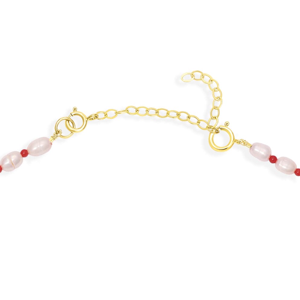 Detail view of Maya Brenner Cabana Pearl Necklace removable gold fill extender chain and spring ring clasp
