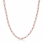 Maya Brenner Cabana Pearl Necklace — freshwater rice pearl and red bead beaded necklace with gold fill clasp