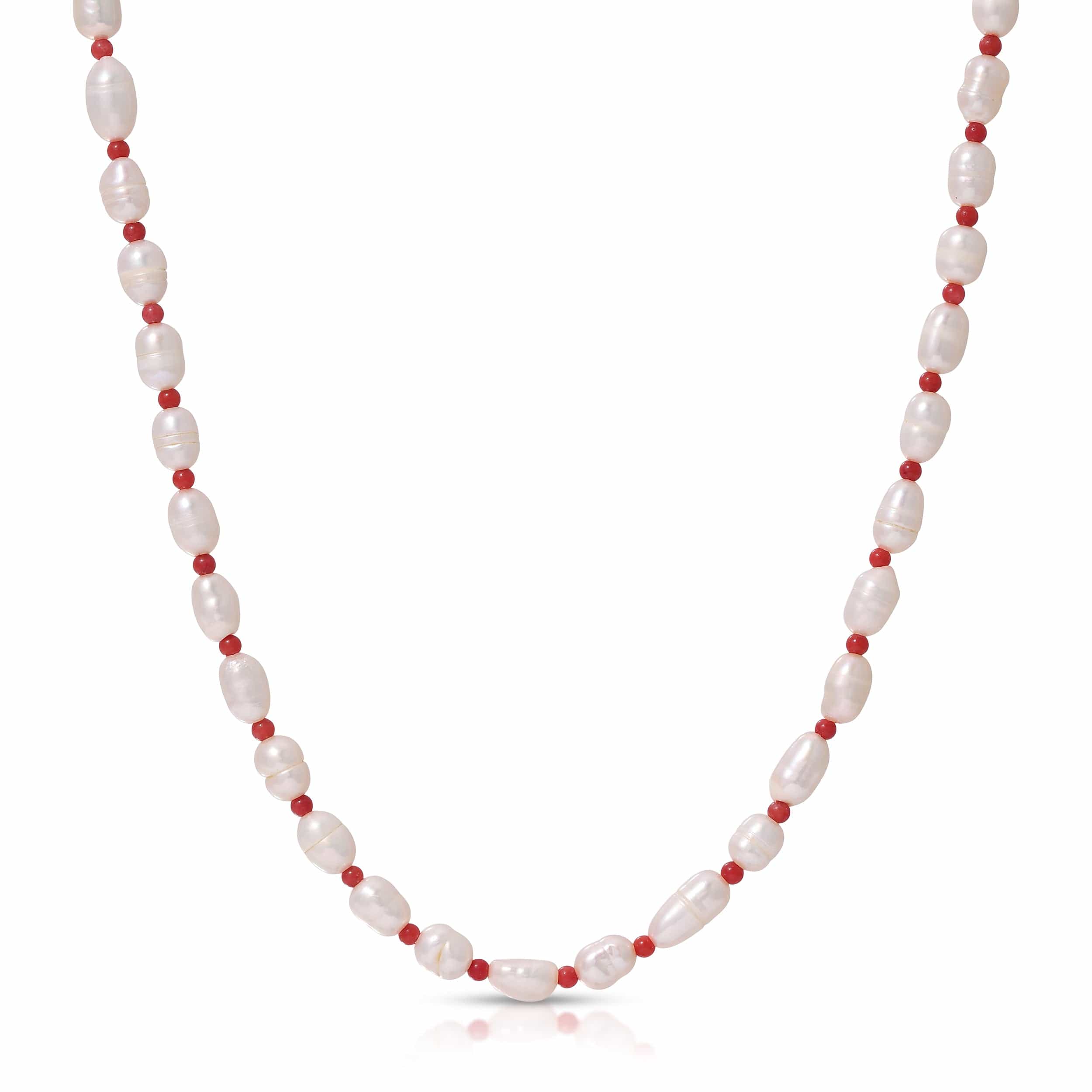 Maya Brenner Cabana Pearl Necklace — freshwater rice pearl and red bead beaded necklace with gold fill clasp