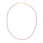 Maya Brenner Cabana Pearl Necklace with gold fill spring ring clasp and 2-inch extender chain, freshwater pearl and red bead beaded necklace