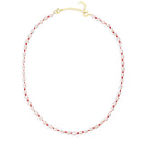 Maya Brenner Cabana Pearl Necklace with gold fill spring ring clasp and 2-inch extender chain, freshwater pearl and red bead beaded necklace