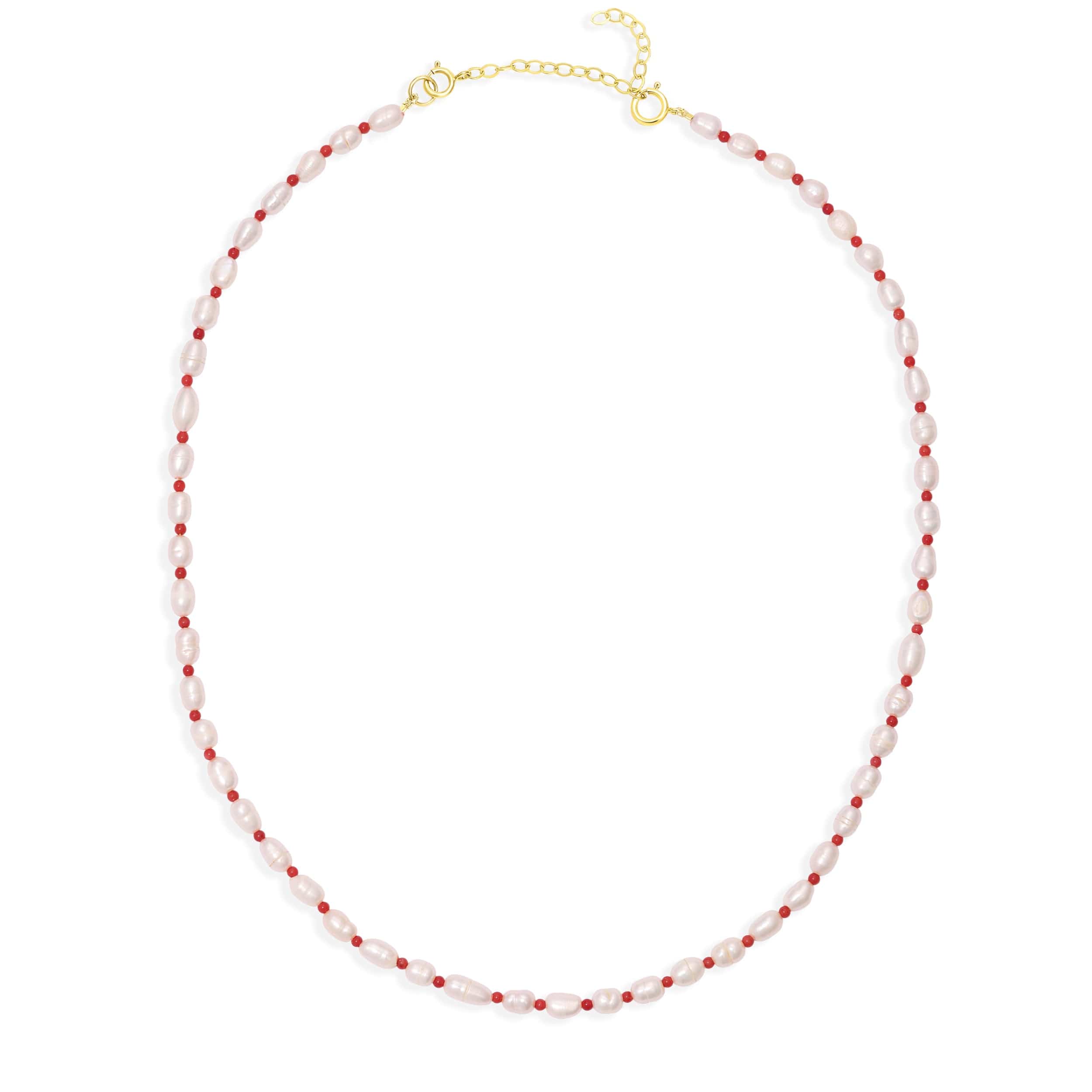 Maya Brenner Cabana Pearl Necklace with gold fill spring ring clasp and 2-inch extender chain, freshwater pearl and red bead beaded necklace