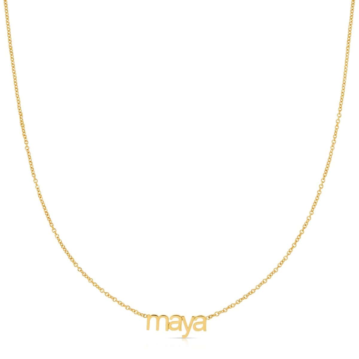 small letter nameplate necklace in lowercase 'maya' in gold