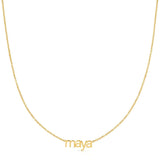 small letter nameplate necklace in lowercase 'maya' in gold