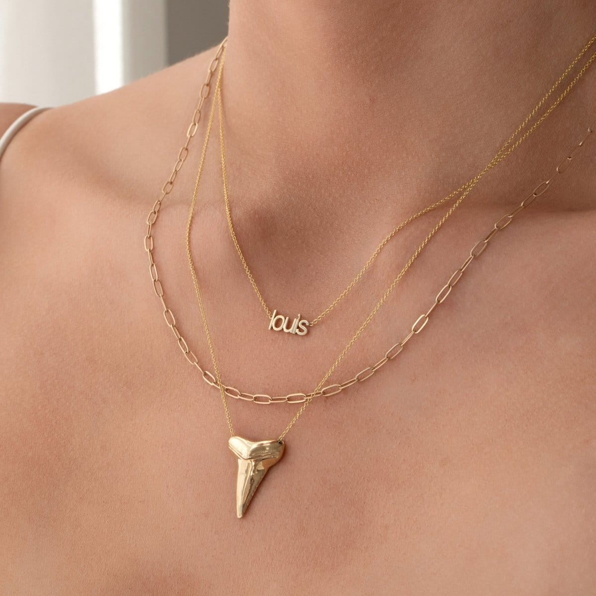gold small nameplate and sharktooth necklace