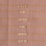 small nameplate necklaces on pink background