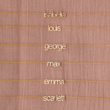 small nameplate necklaces on pink background