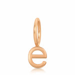 Rose gold letter 'e' pendant on a white background