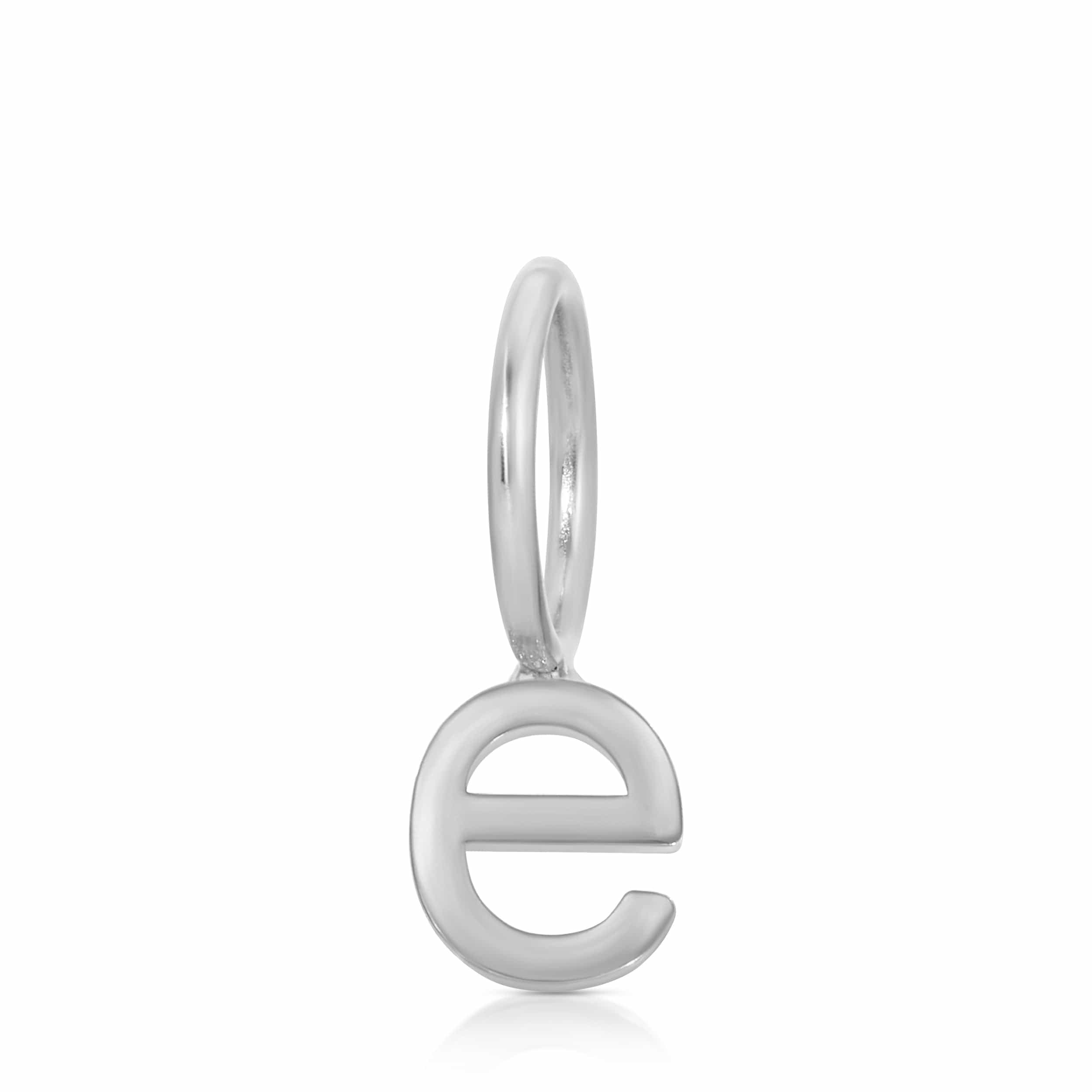 white gold  letter 'e' pendant on a white background