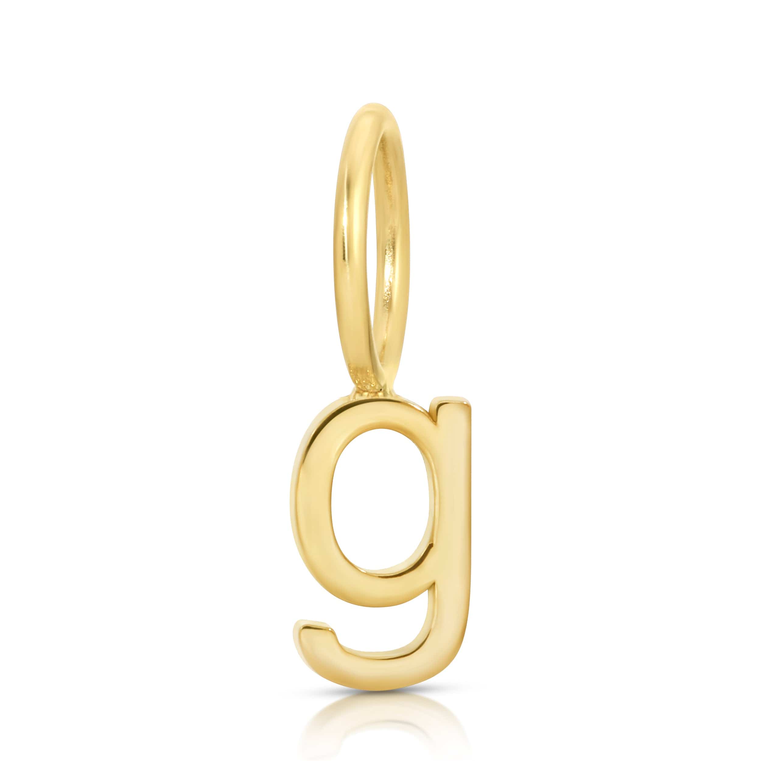 Gold letter 'g' pendant on a white background