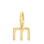 Gold letter 'm' pendant on a white background