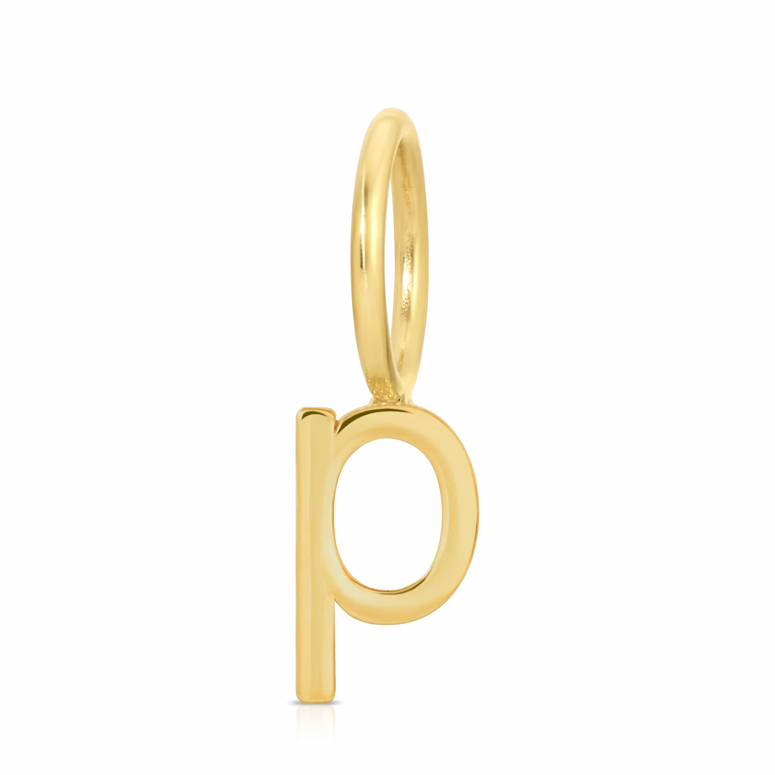 Gold letter 'p' pendant on a white background