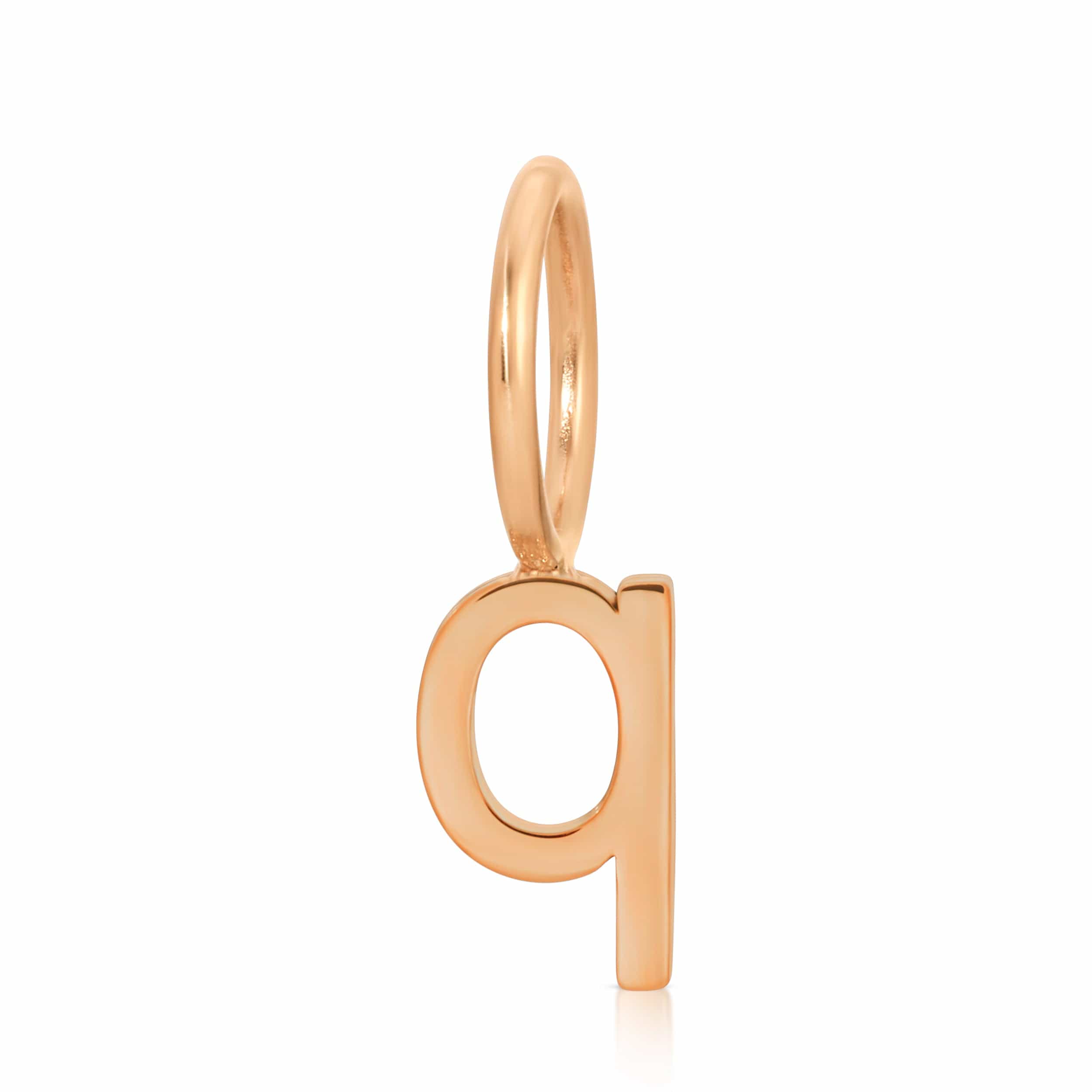 Rose gold letter 'q' pendant on a white background