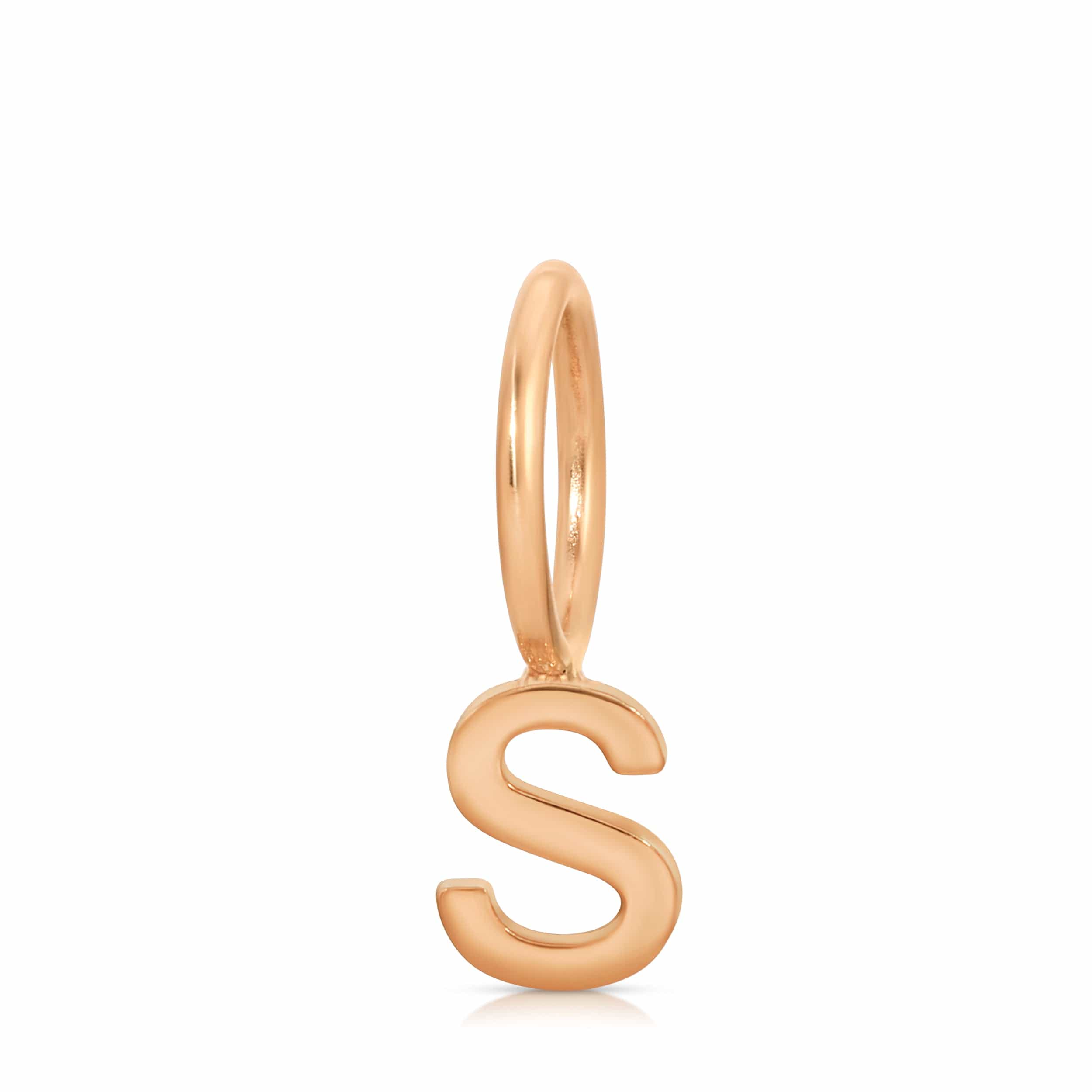 Rose gold letter 'S' pendant on a white background