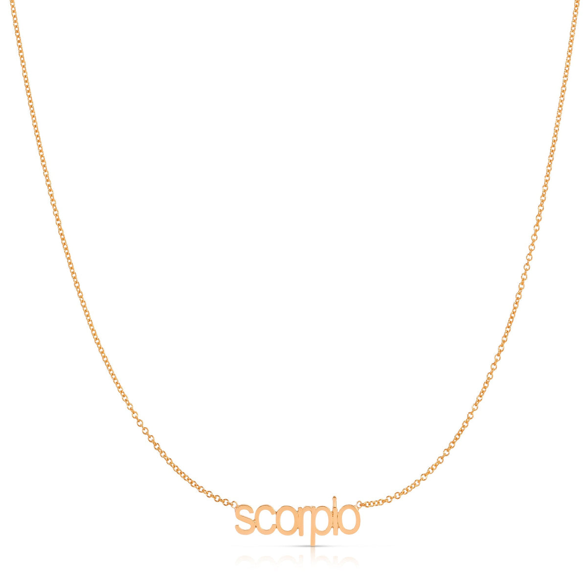 scorpio written in lowercase letters on a rose gold chain