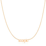 scorpio written in lowercase letters on a rose gold chain