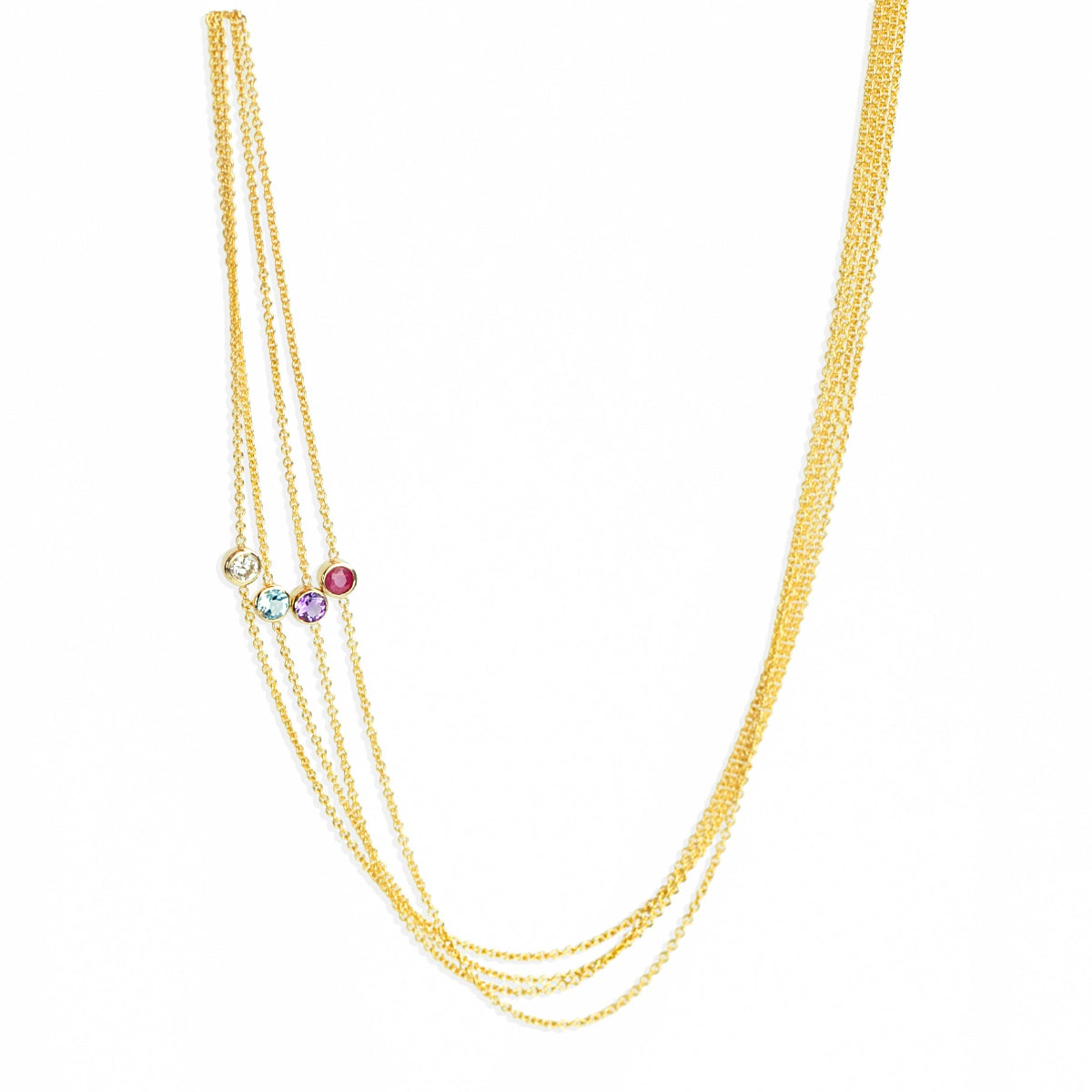 Several gold necklaces with bithstone charms on a white background