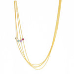 Several gold necklaces with bithstone charms on a white background